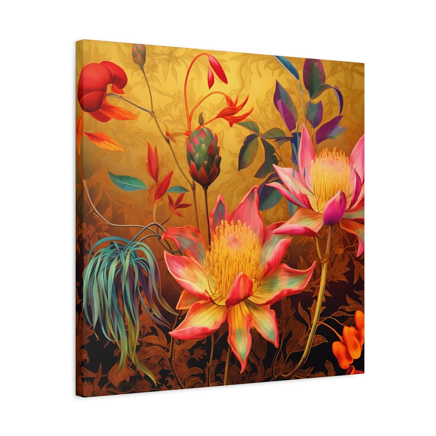 Canvas Print, Exotic Whimsical Blossoms on Gold Wall Art, Lush Detailed Fantasy Style, Eccentric Decor, Stretched Matte Artwork, 1 25"