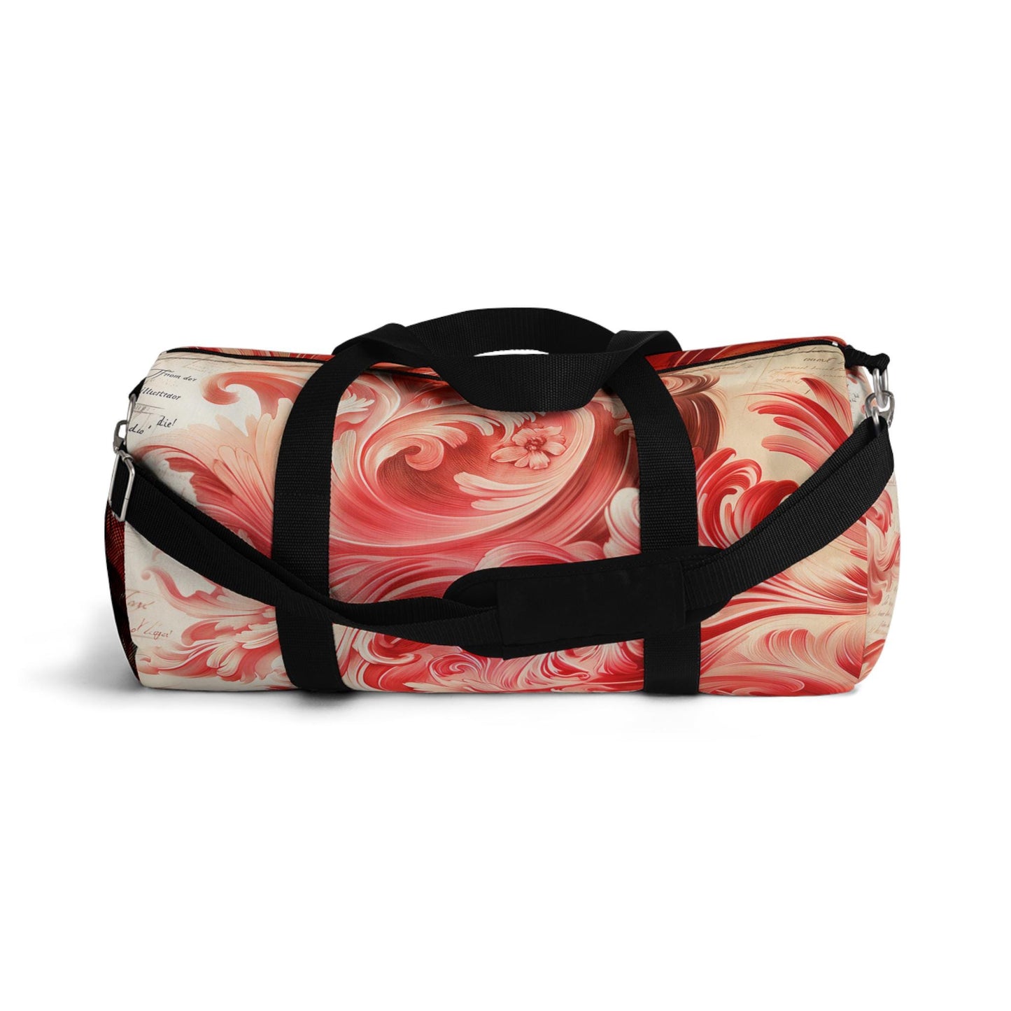 Duffel Bag, Engraved deep red swirls mixed with text in a bold combination makes for a striking design - Travel Bag, Gym Bag, Weekend Bag,