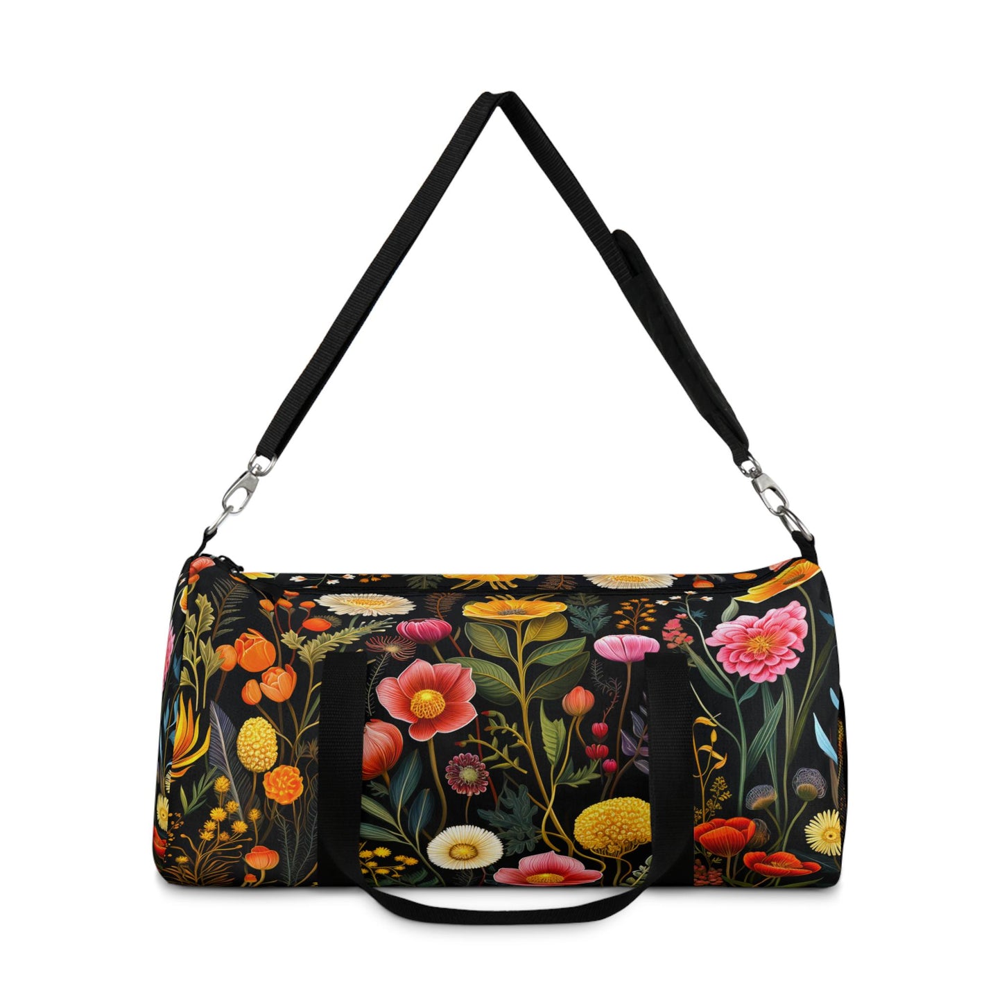 Vintage Wildflower Botanicals on Black Cottagecore Duffel Bag