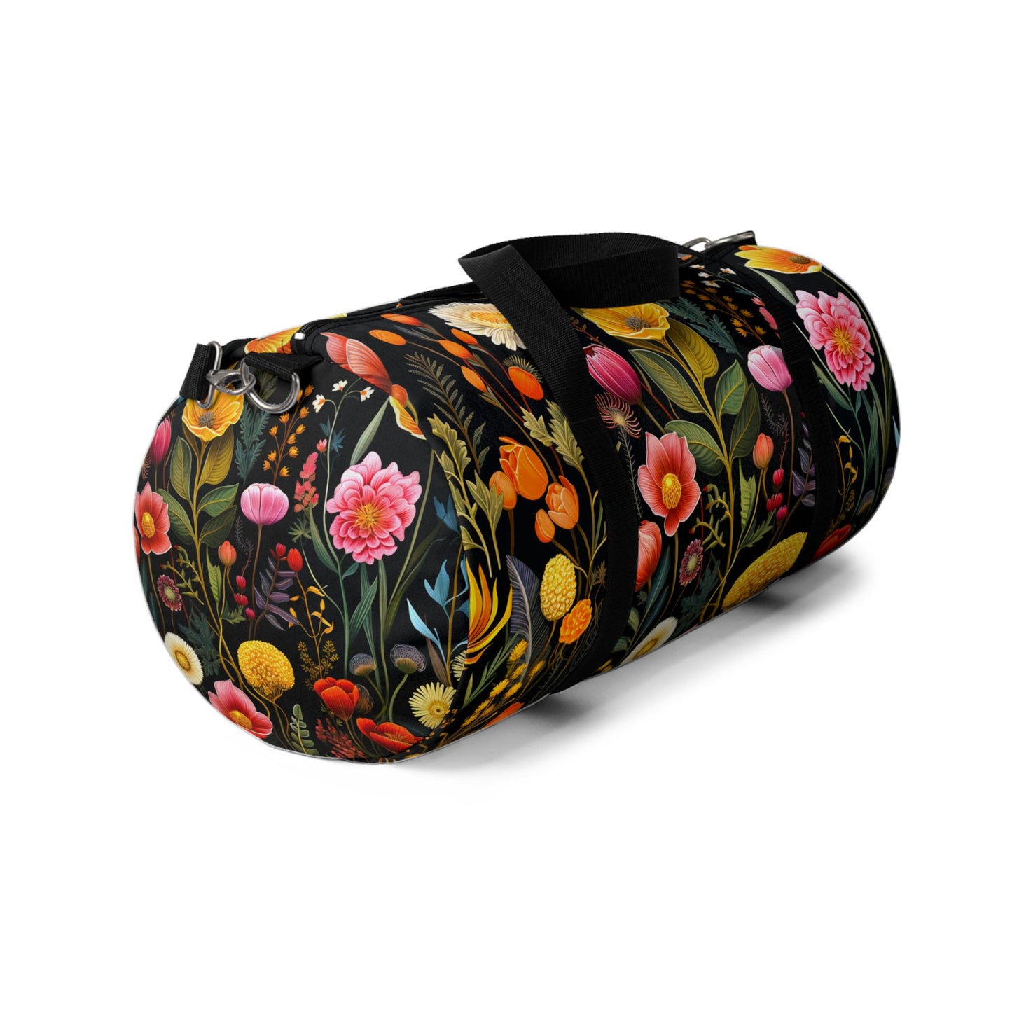 Vintage Wildflower Botanicals on Black Cottagecore Duffel Bag