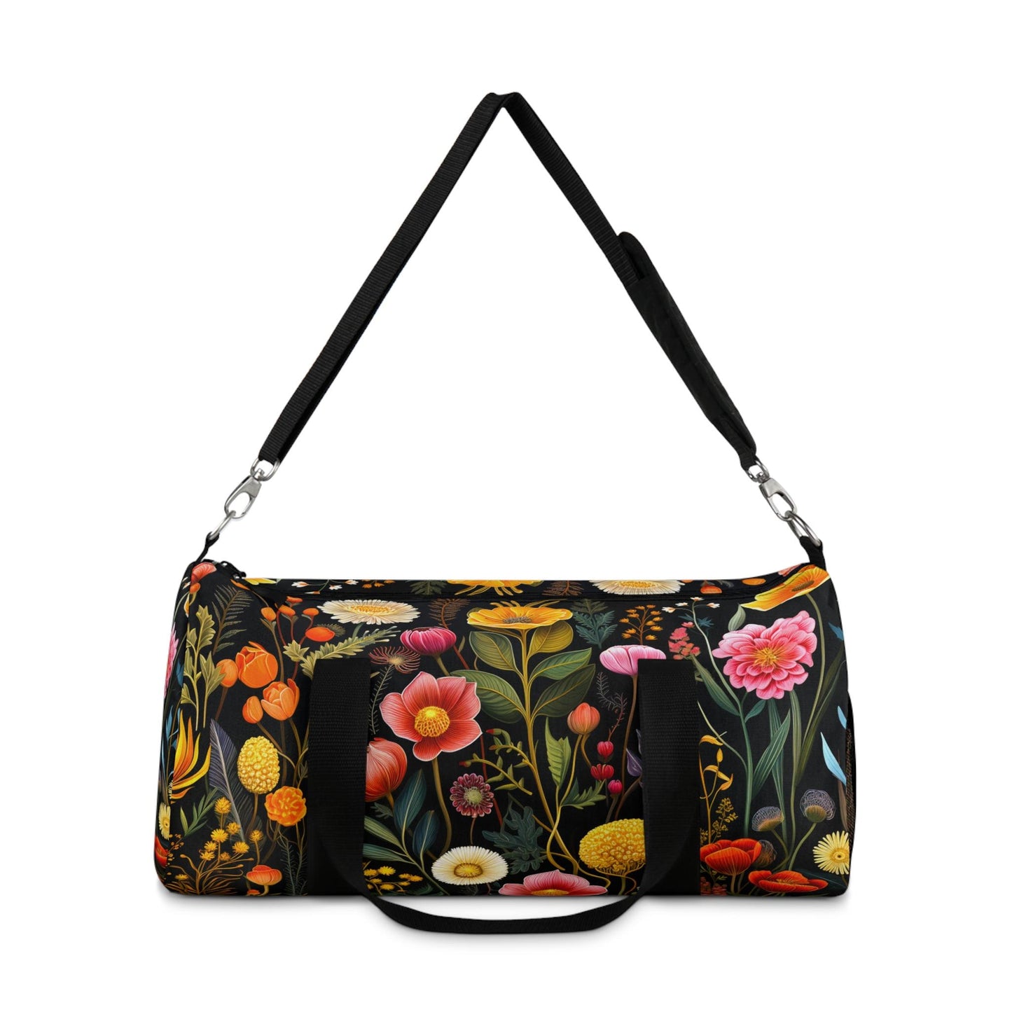 Vintage Wildflower Botanicals on Black Cottagecore Duffel Bag