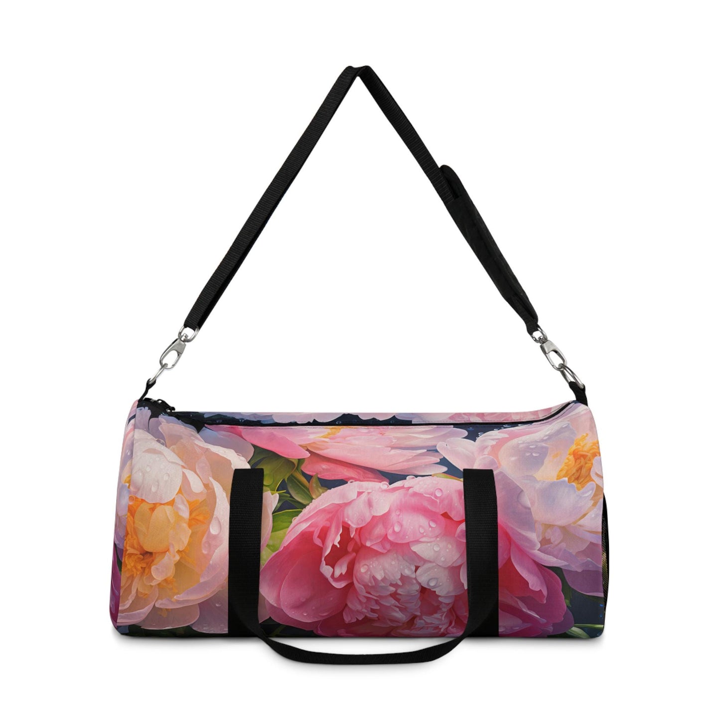Peonie Blossoms Duffel Bag, Floral Travel Tote, Gym Bag, Pink Flowers Weekend Bag, Water Drops, Overnight Bag