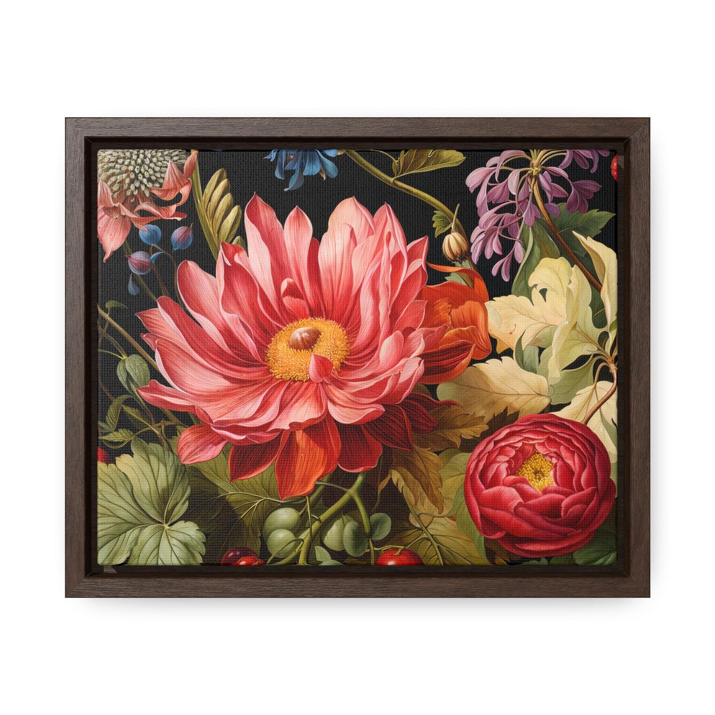 Canvas Wall Art, Exotic Red Blossoms on Black Background with Frame, Stunning Floral Decor, Gallery Wrap Print, Horizontal Frame