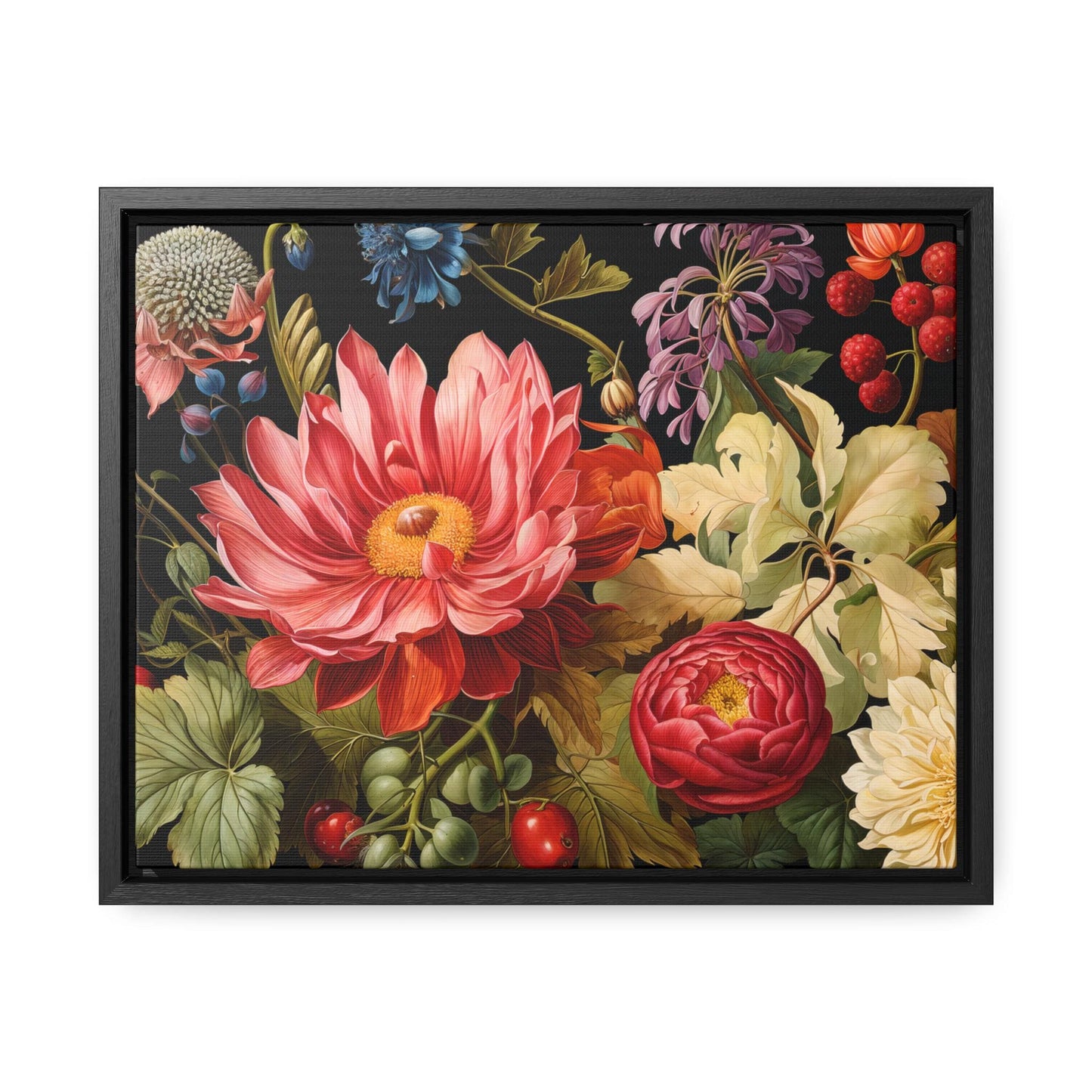 Canvas Wall Art, Exotic Red Blossoms on Black Background with Frame, Stunning Floral Decor, Gallery Wrap Print, Horizontal Frame