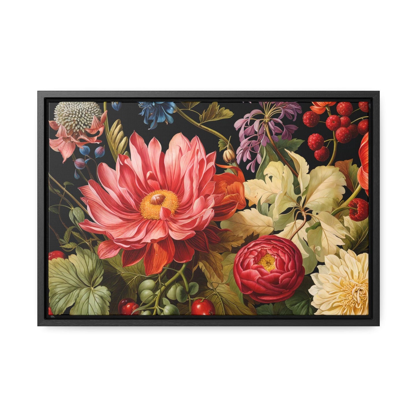 Canvas Wall Art, Exotic Red Blossoms on Black Background with Frame, Stunning Floral Decor, Gallery Wrap Print, Horizontal Frame