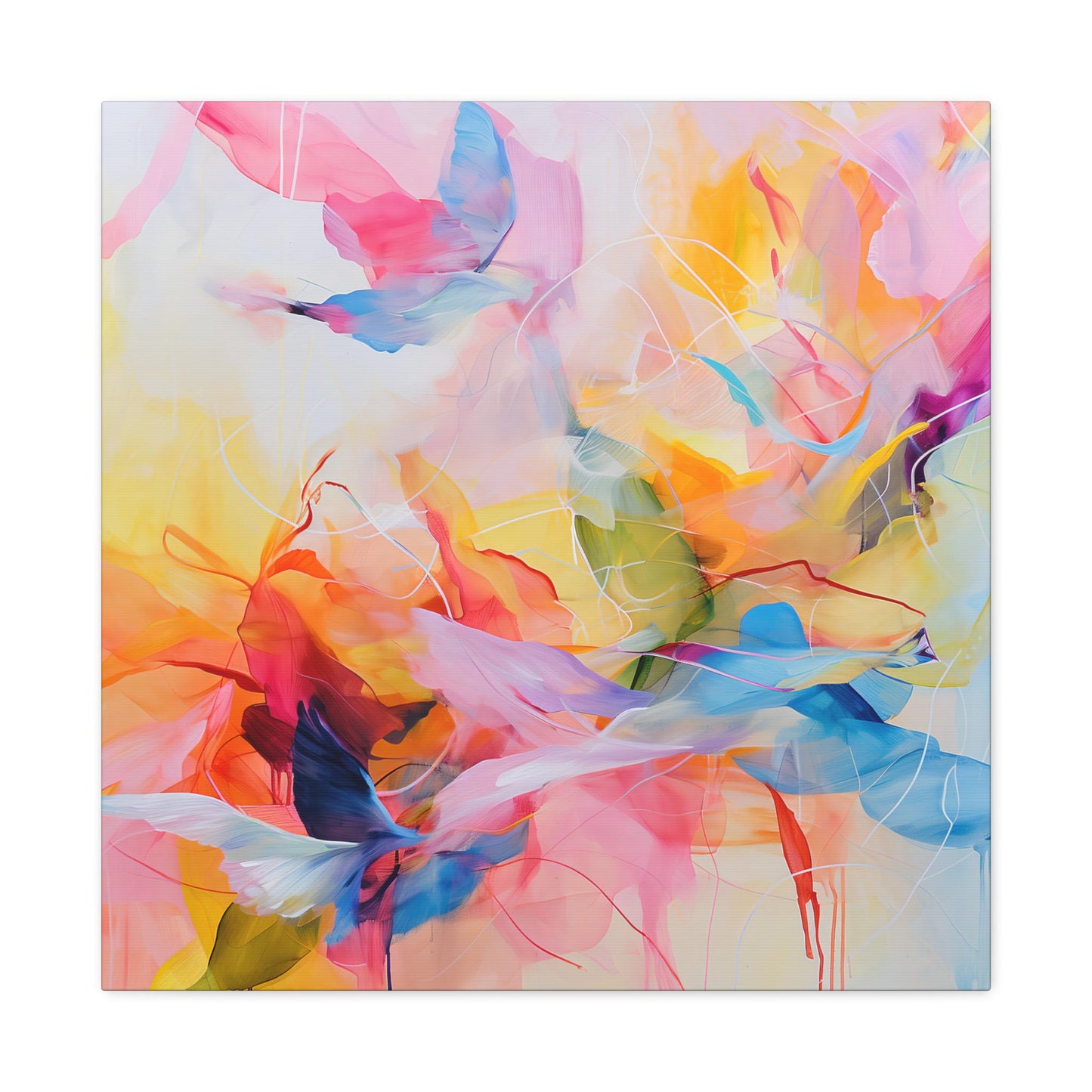Canvas Wall Art, Abstract Painting, Bright Pastel Brush Strokes, Birds in Flight, Cheery Home Decor, Matte Print, Stretched Artwork,