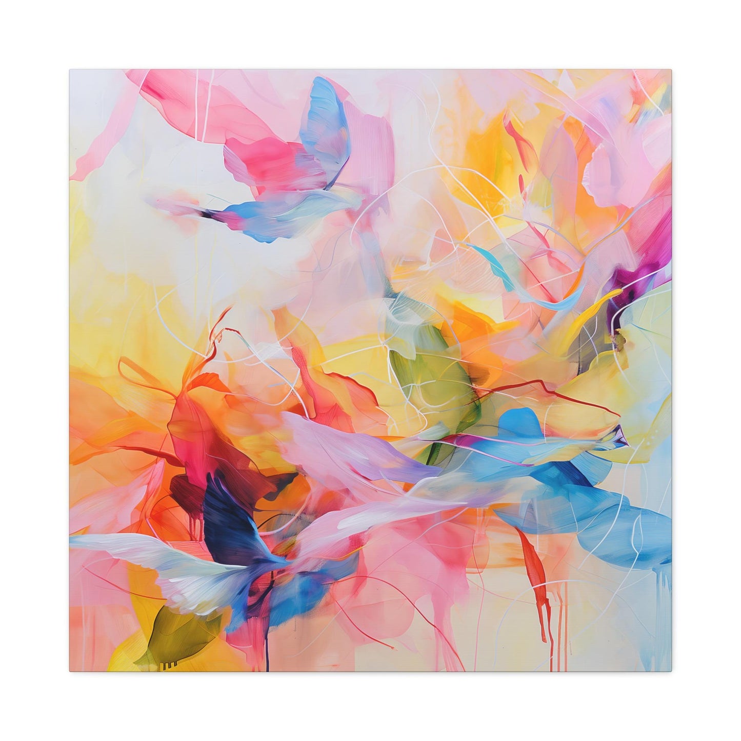 Canvas Wall Art, Abstract Painting, Bright Pastel Brush Strokes, Birds in Flight, Cheery Home Decor, Matte Print, Stretched Artwork,