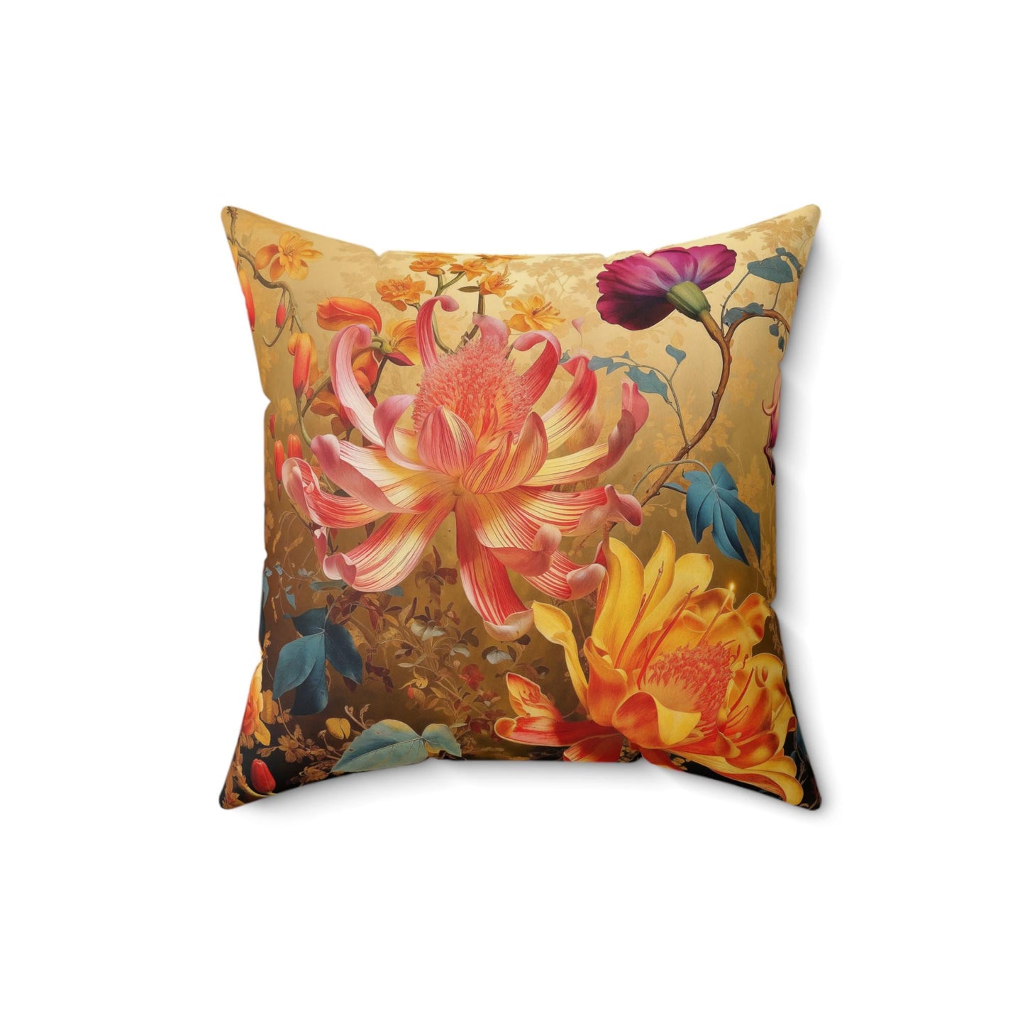Pillow, Exotic Floral Design, Gold Background, Home Decor Accent, Couch Pillow, Throw Pillow, Living Room Pillow, Bedroom Accessory, Floral