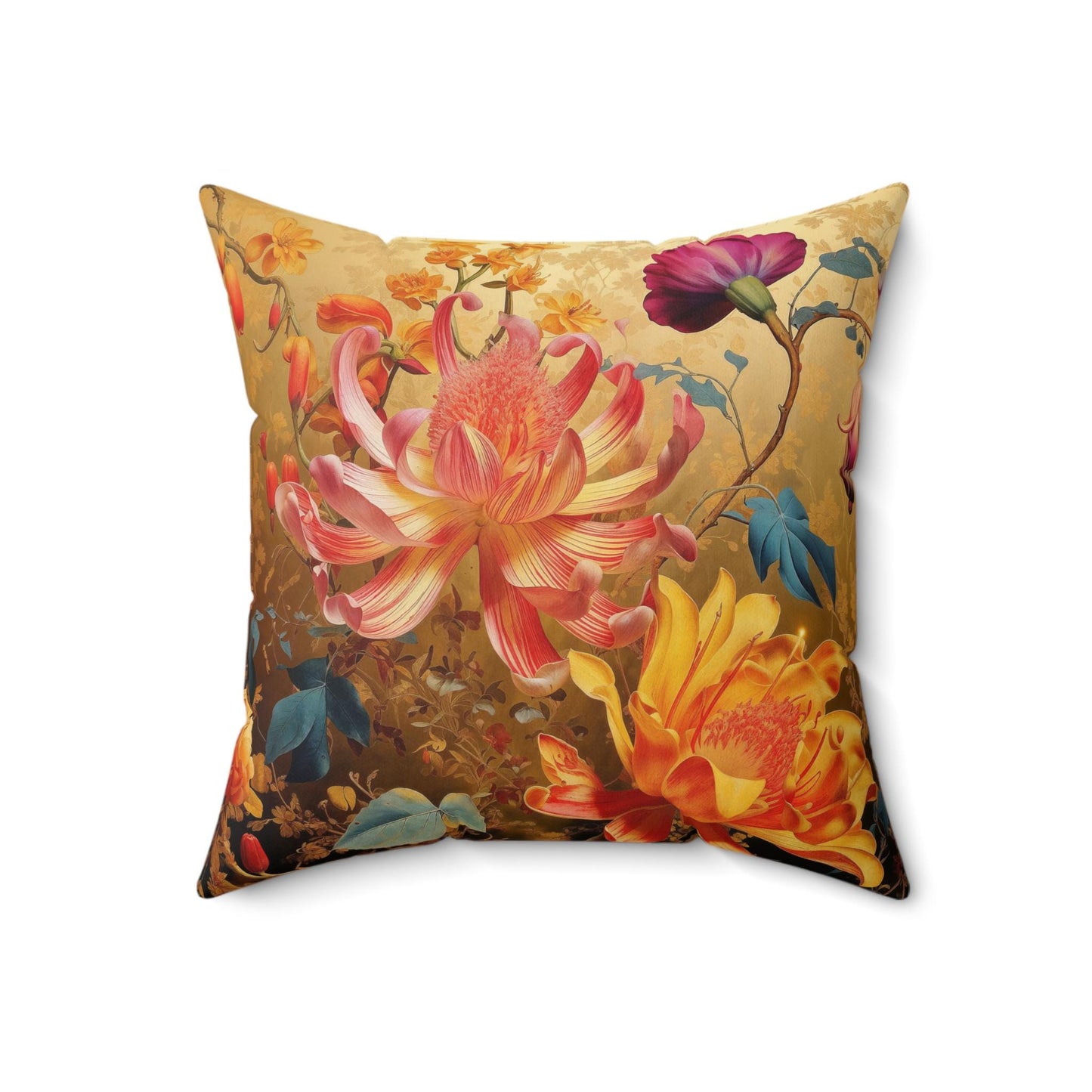 Pillow, Exotic Floral Design, Gold Background, Home Decor Accent, Couch Pillow, Throw Pillow, Living Room Pillow, Bedroom Accessory, Floral