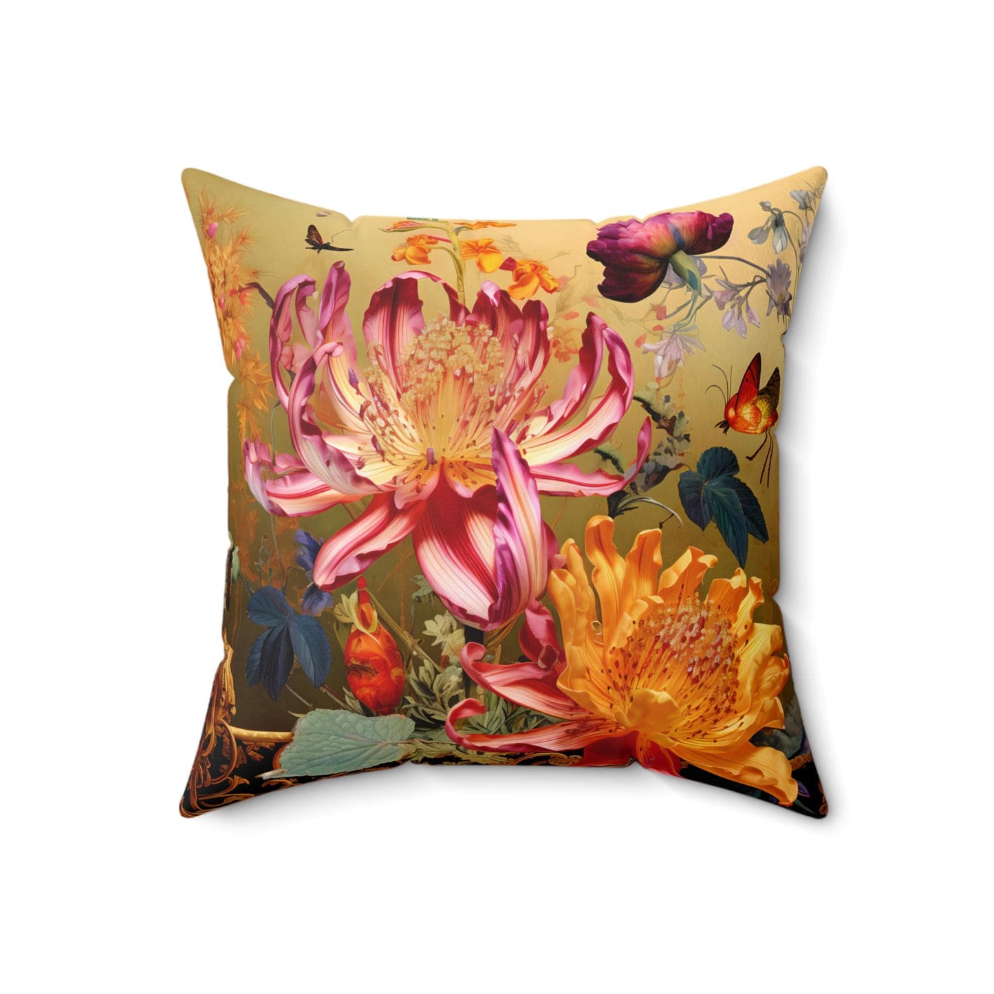 Floral Pillow, Exotic Flowers Decor, Botanical Throw Pillow, Nature Inspired Pillow Cover, Golden Blooms Accent Pillow