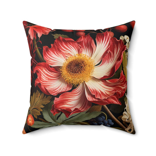 Floral Square Pillow, Red White Blossoms Black Background, Throw Cushion, Home Decor, Living Room Accent, Flower Print Pillow