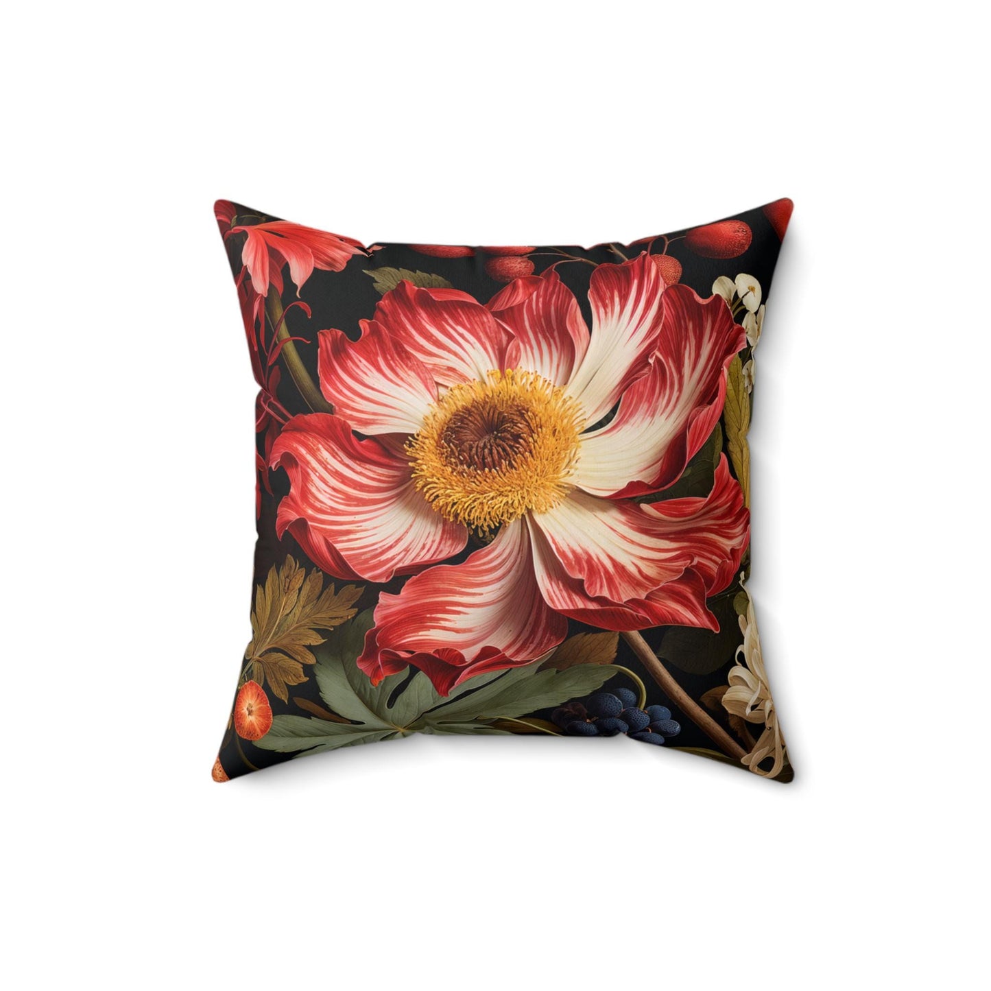 Floral Square Pillow, Red White Blossoms Black Background, Throw Cushion, Home Decor, Living Room Accent, Flower Print Pillow