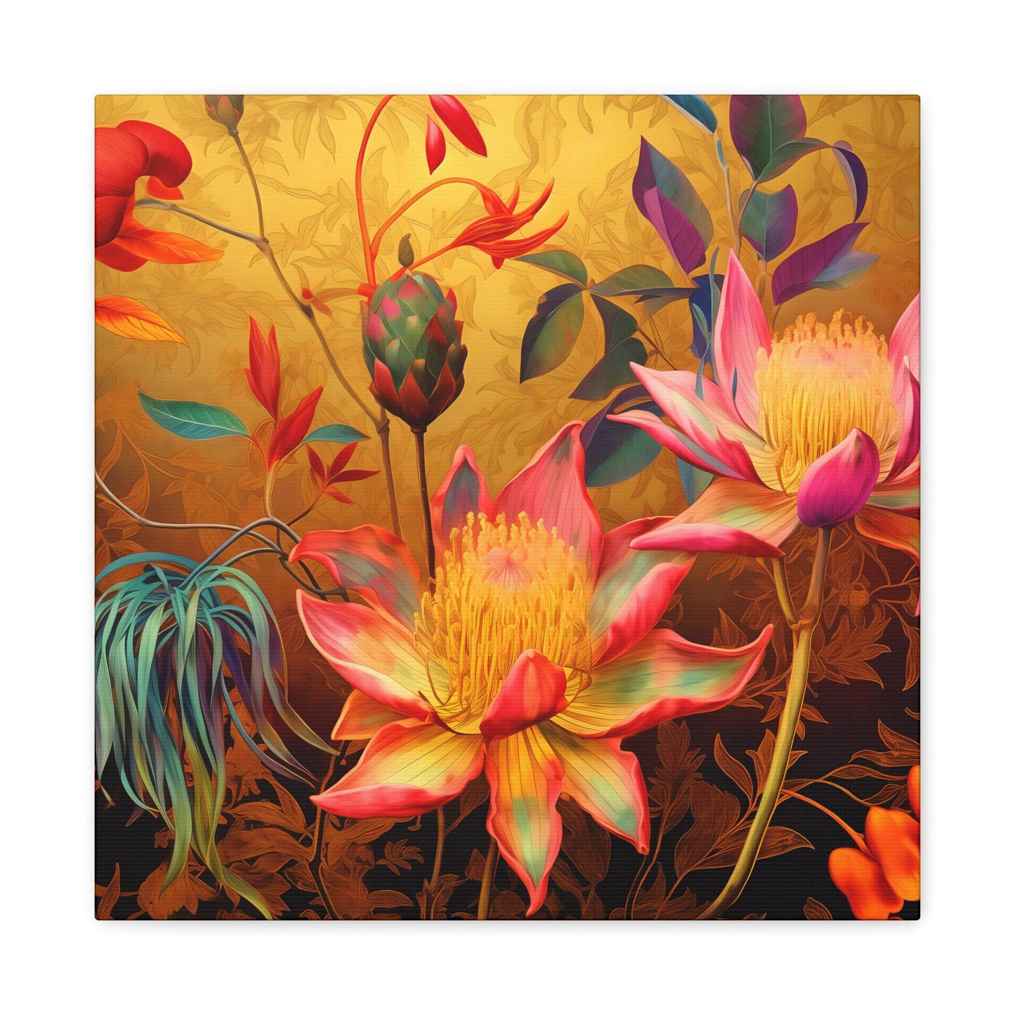 Canvas Print, Exotic Whimsical Blossoms on Gold Wall Art, Lush Detailed Fantasy Style, Eccentric Decor, Stretched Matte Artwork, 1 25"
