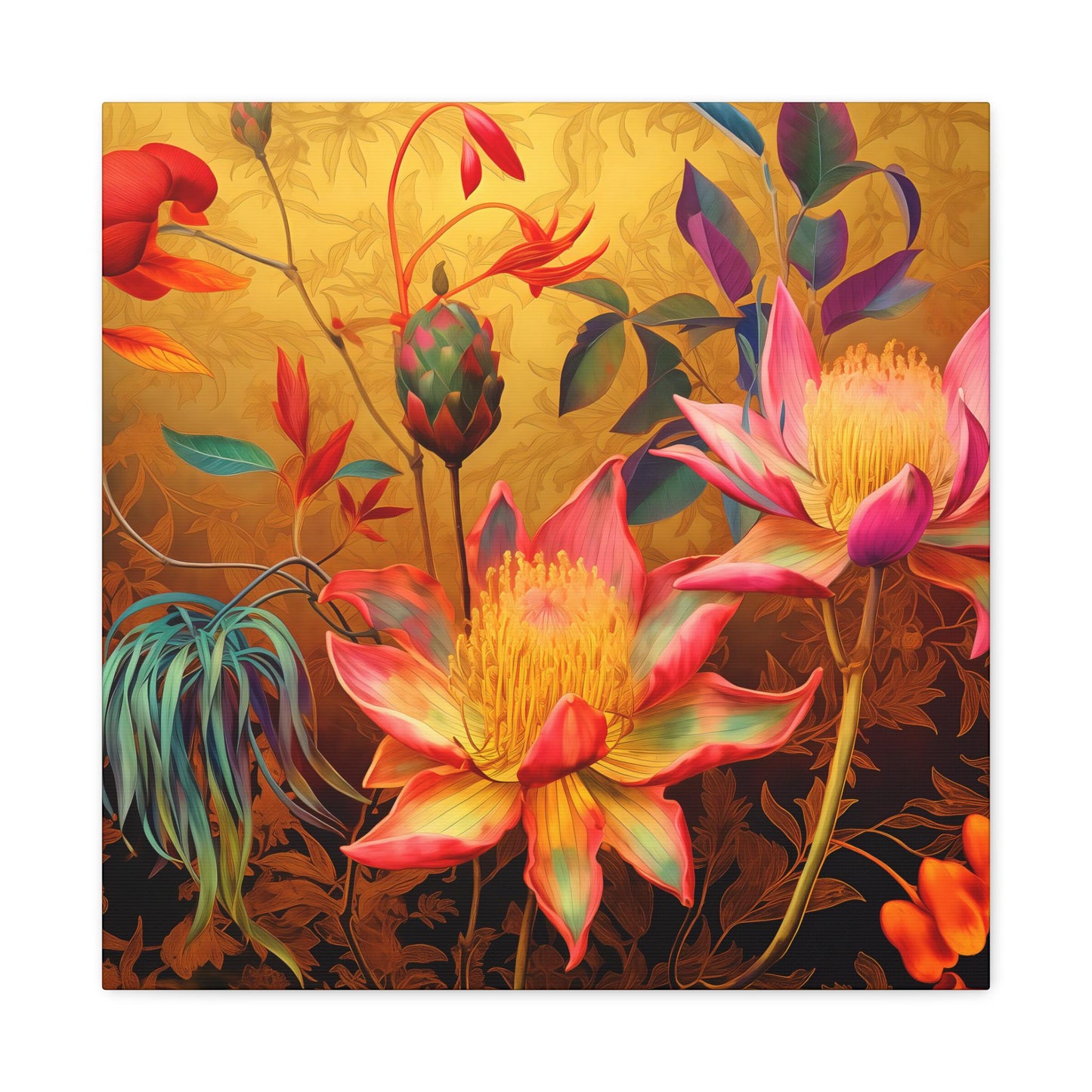 Canvas Print, Exotic Whimsical Blossoms on Gold Wall Art, Lush Detailed Fantasy Style, Eccentric Decor, Stretched Matte Artwork, 1 25"
