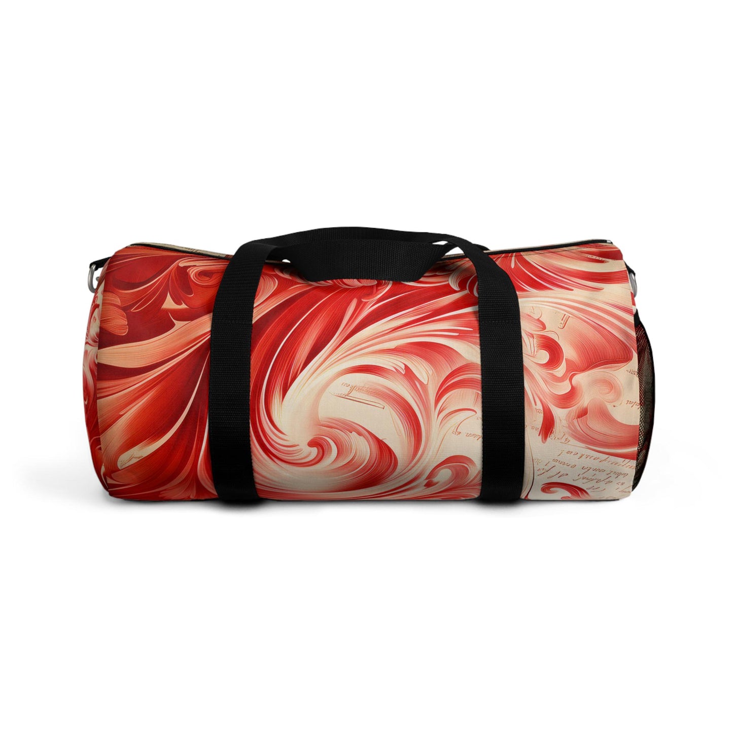 Duffel Bag, Engraved deep red swirls mixed with text in a bold combination makes for a striking design - Travel Bag, Gym Bag, Weekend Bag,