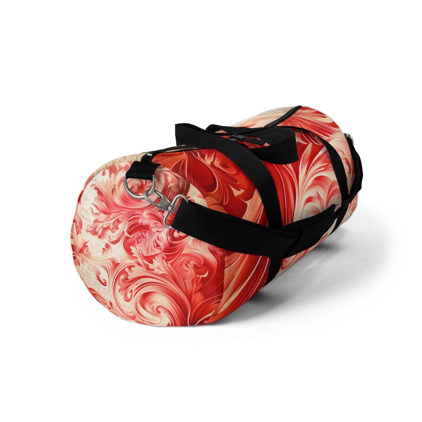 Duffel Bag, Engraved deep red swirls mixed with text in a bold combination makes for a striking design - Travel Bag, Gym Bag, Weekend Bag,