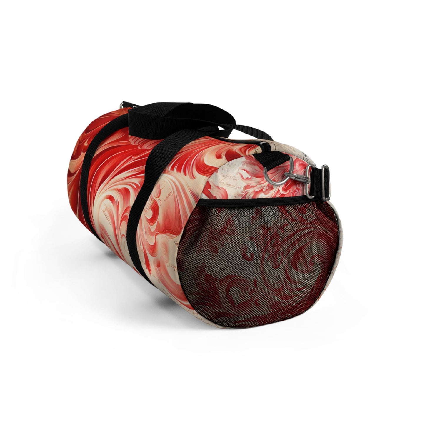 Duffel Bag, Engraved deep red swirls mixed with text in a bold combination makes for a striking design - Travel Bag, Gym Bag, Weekend Bag,