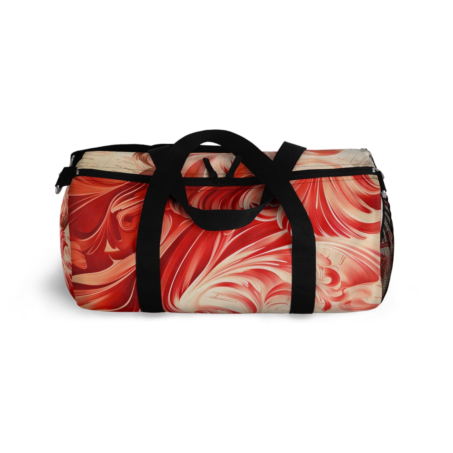 Duffel Bag, Engraved deep red swirls mixed with text in a bold combination makes for a striking design - Travel Bag, Gym Bag, Weekend Bag,