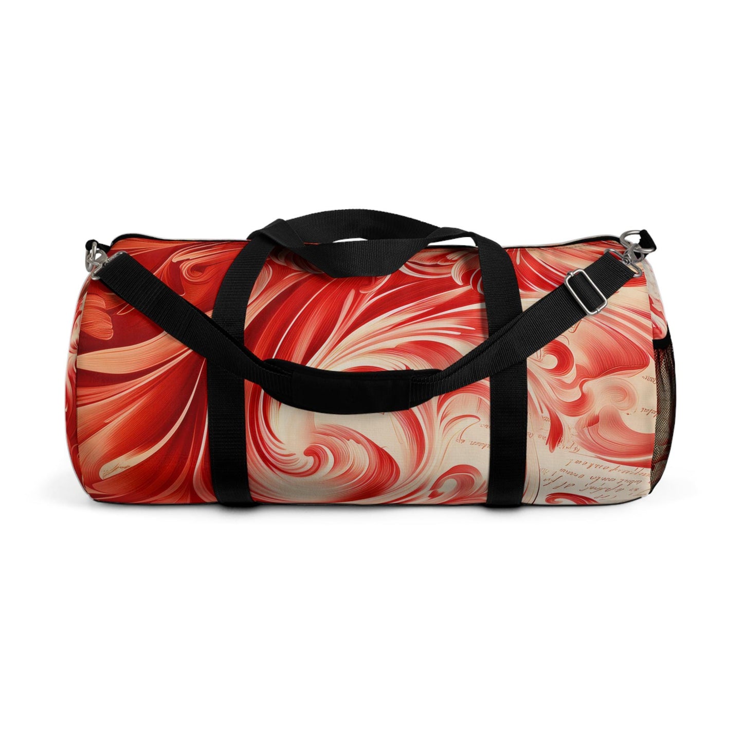 Duffel Bag, Engraved deep red swirls mixed with text in a bold combination makes for a striking design - Travel Bag, Gym Bag, Weekend Bag,
