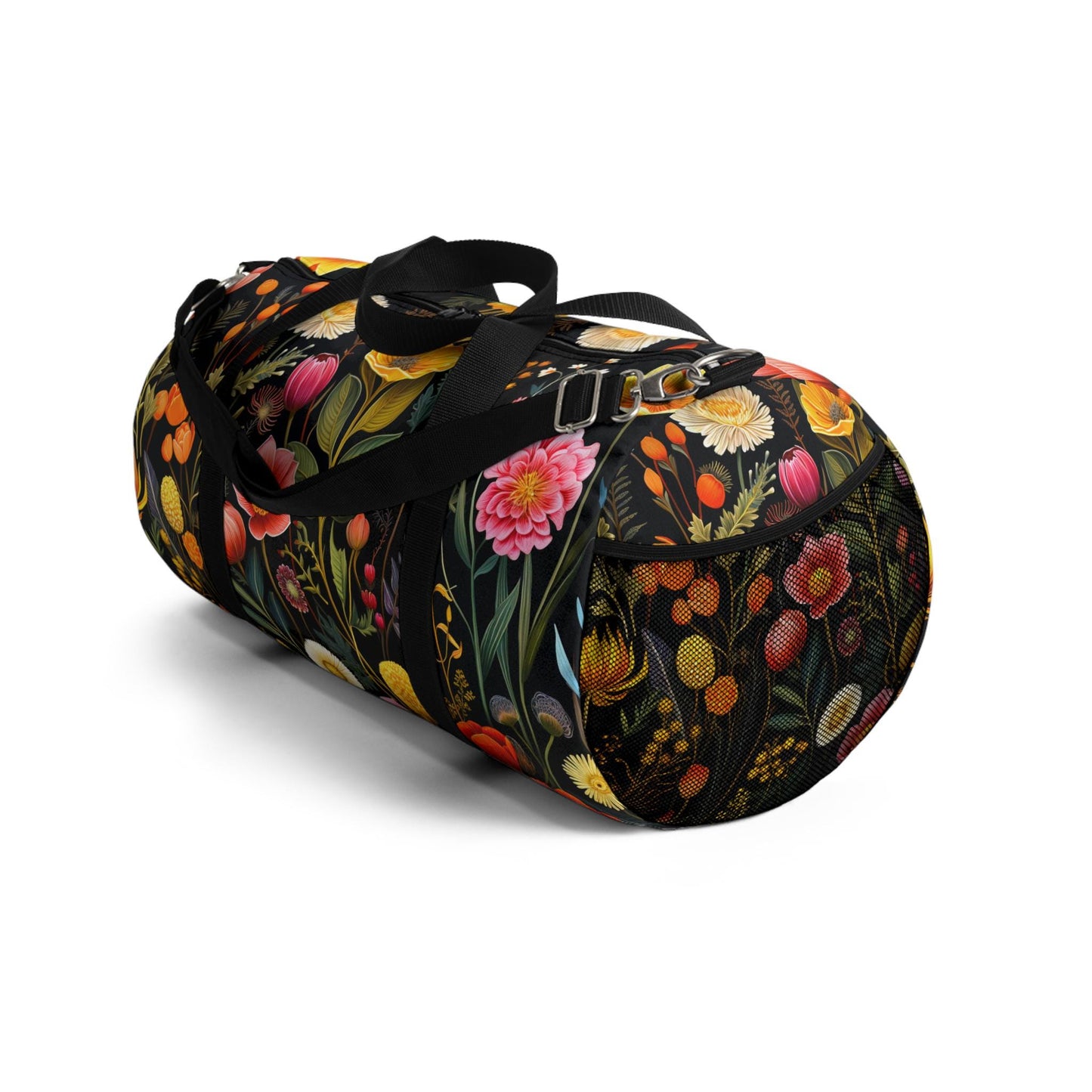 Vintage Wildflower Botanicals on Black Cottagecore Duffel Bag