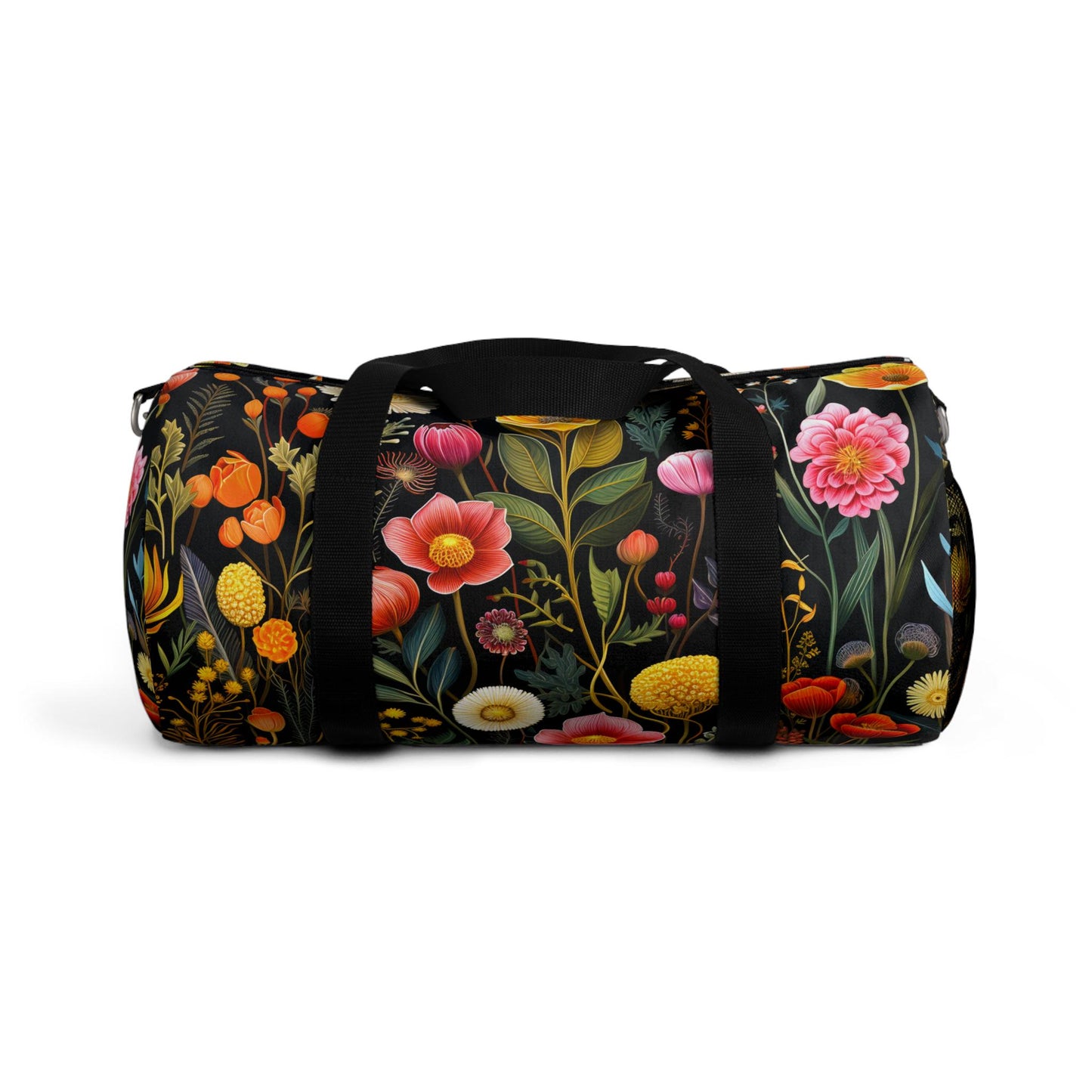 Vintage Wildflower Botanicals on Black Cottagecore Duffel Bag