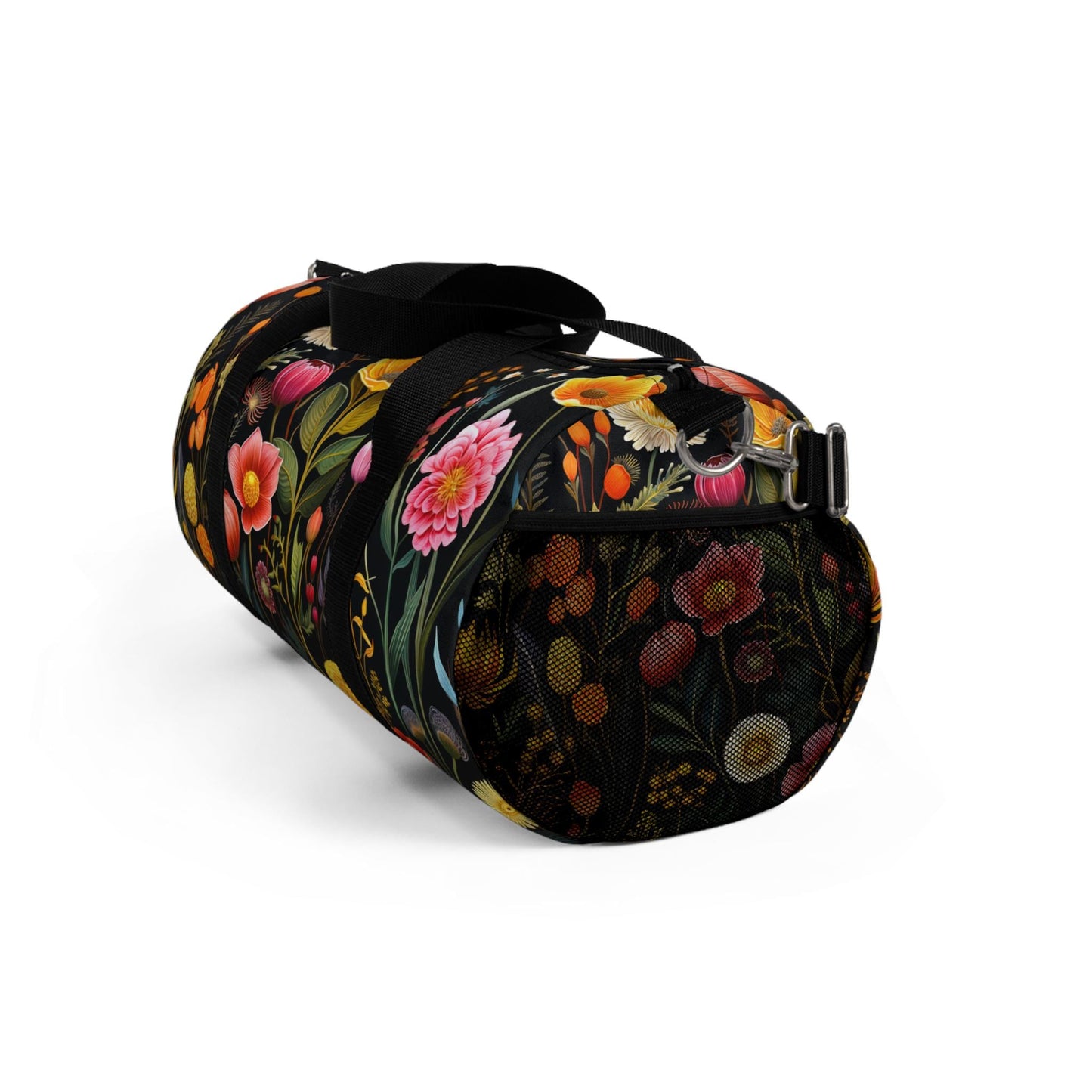 Vintage Wildflower Botanicals on Black Cottagecore Duffel Bag