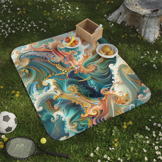 Whimsical Ocean Wave Fractal Picnic Blanket for Outdoor Adventures, Boho Picnic Mat, Festival Blanket, Camping Gear, Beach Blanket