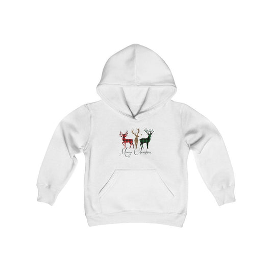 Merry Christmas Plaid Reindeer Youth Heavy Blend Hooded Sweatshirt