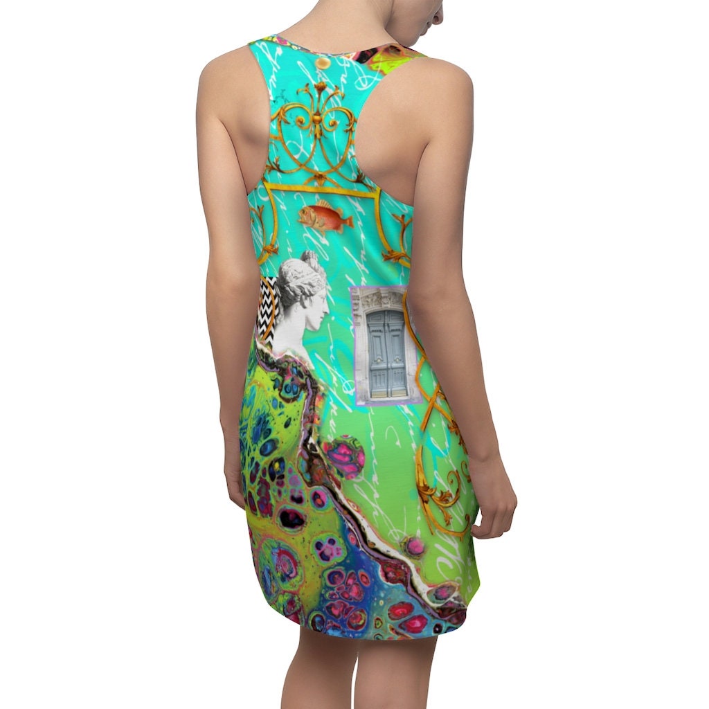 Women's Racerback Dress, Turquoise, Sundress, Photo Collage, Acrylic Pour