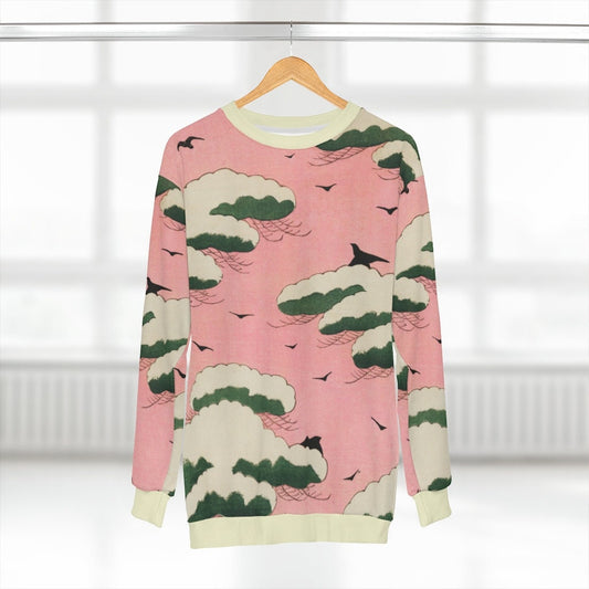 Pink Sky Woodcut Japanese Bird Print AOP Unisex Sweatshirt