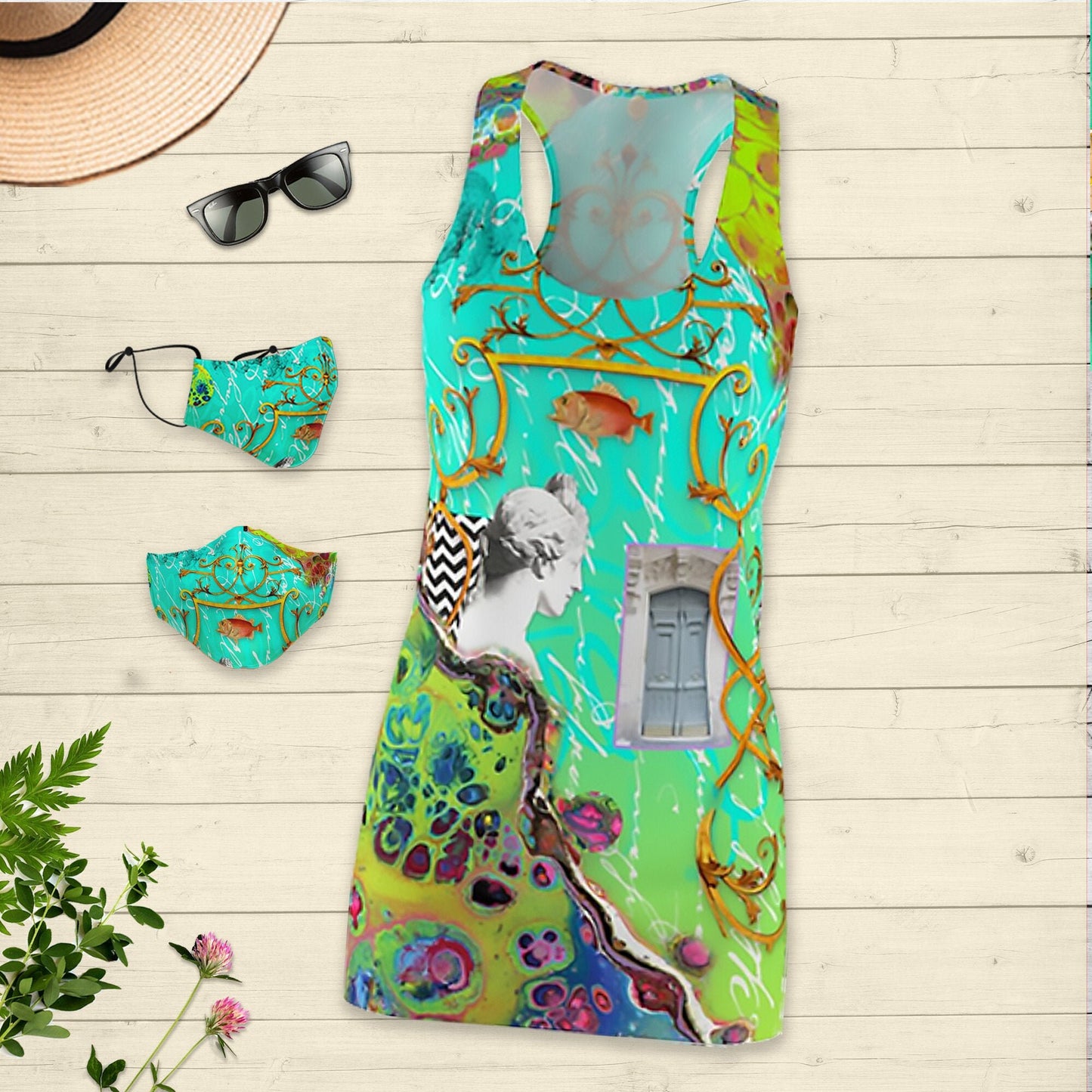 Women's Racerback Dress, Turquoise, Sundress, Photo Collage, Acrylic Pour