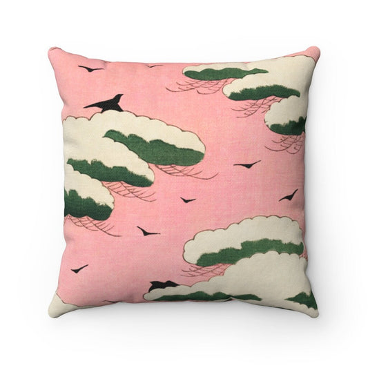 Cottagecore Throw Pillow, Pink, Woodcut, Spun Polyester Square Pillow