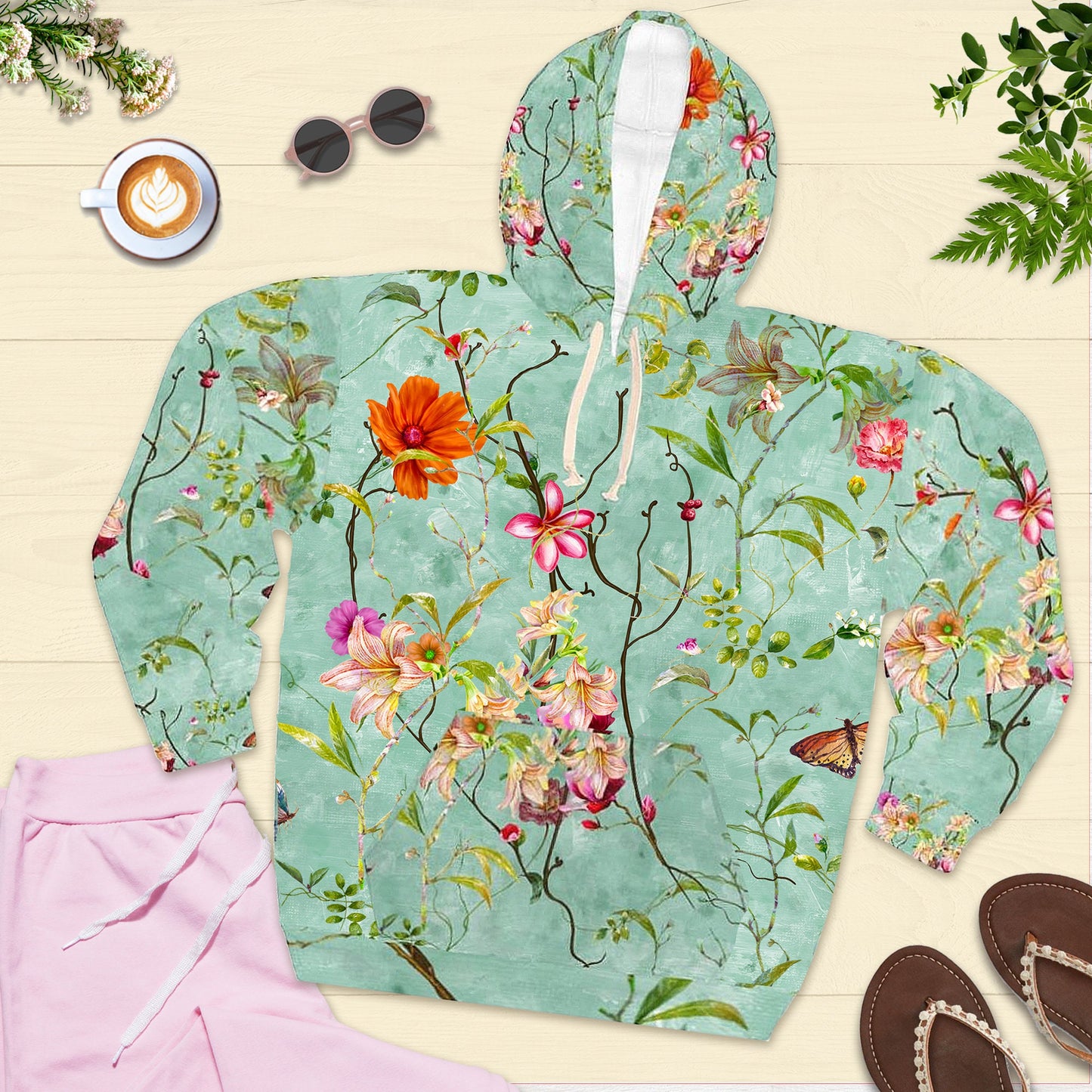 Garden Hoodie, Flowered, Boho, Hippy Style, AOP Unisex Pullover Hoodie