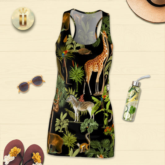 Women's Cottagecore Sundress, Jungle Print, Boho, Racerback Dress