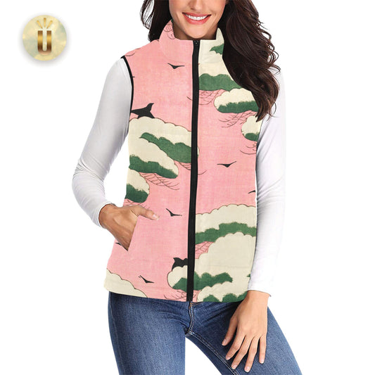 Women's Vest, Pink Sky Woodcut, Cottagecore, Boho, Padded Vest