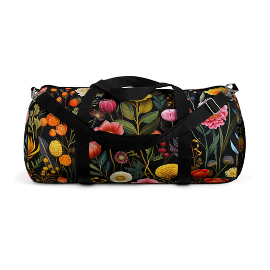 Vintage Wildflower Botanicals on Black Cottagecore Duffel Bag