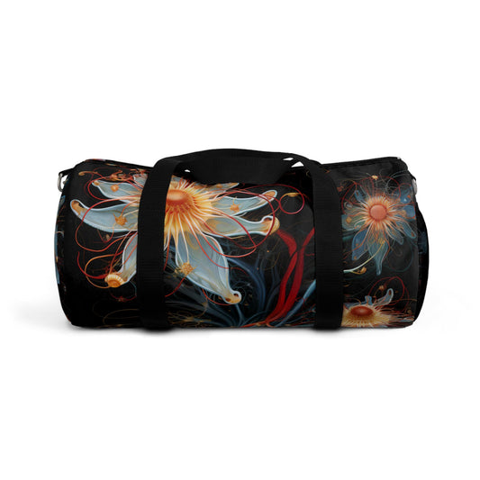 Duffel Bag, Wild Neuron Fantasy Flowers on Black Background - Floral Gym Bag, Travel Tote, Weekend Overnight Bag, Workout Duffel, Yoga Bag