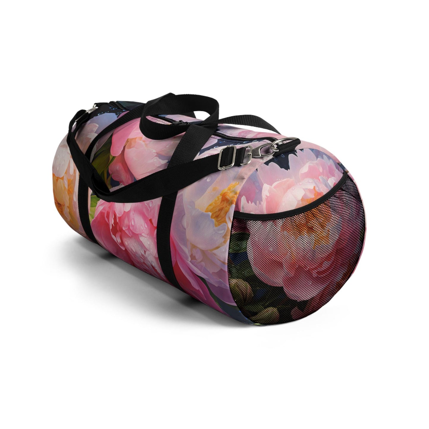 Peonie Blossoms Duffel Bag, Floral Travel Tote, Gym Bag, Pink Flowers Weekend Bag, Water Drops, Overnight Bag