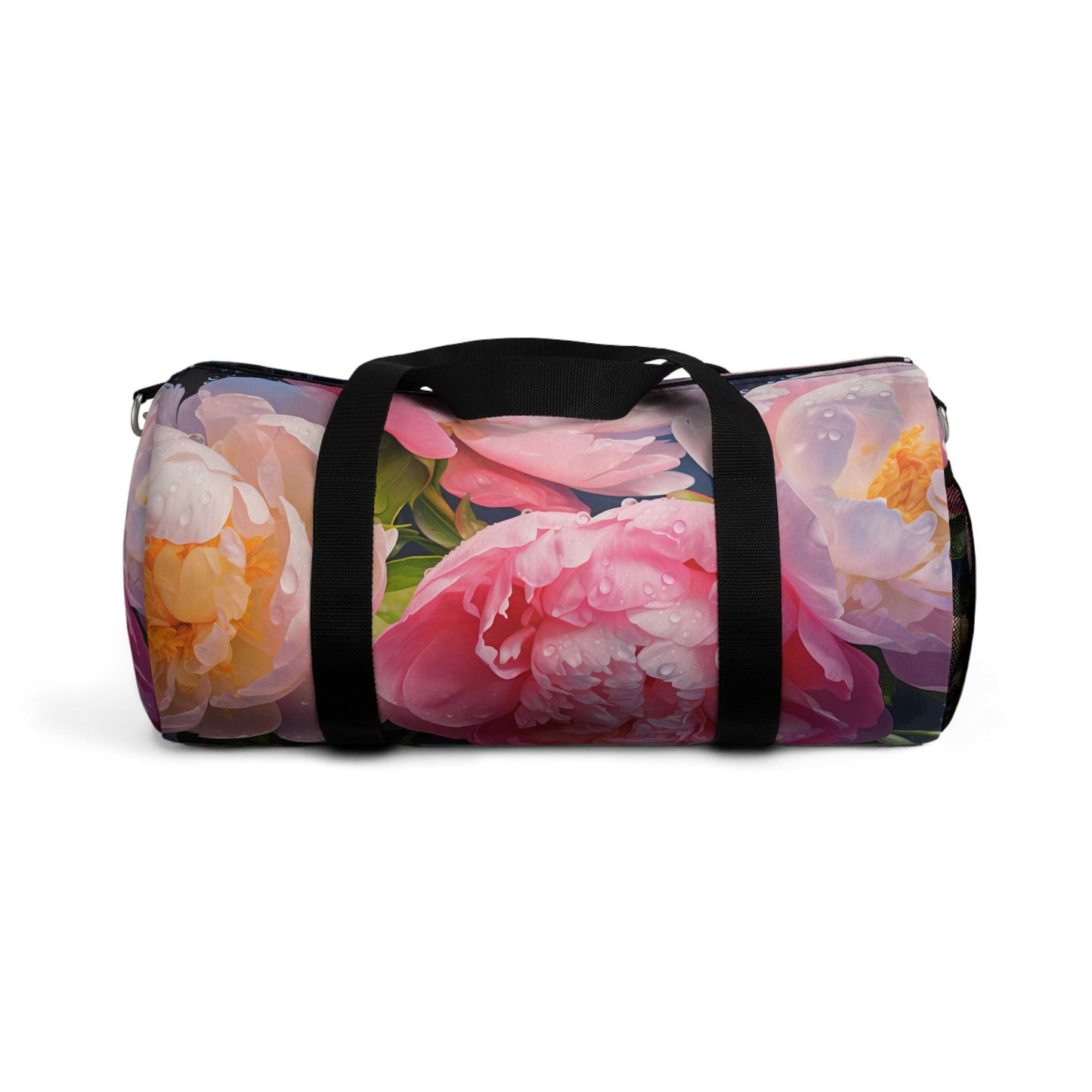 Peonie Blossoms Duffel Bag, Floral Travel Tote, Gym Bag, Pink Flowers Weekend Bag, Water Drops, Overnight Bag