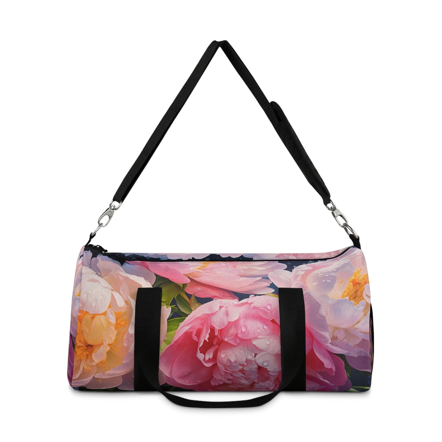 Peonie Blossoms Duffel Bag, Floral Travel Tote, Gym Bag, Pink Flowers Weekend Bag, Water Drops, Overnight Bag