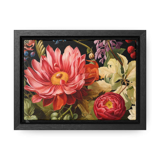 Canvas Wall Art, Exotic Red Blossoms on Black Background with Frame, Stunning Floral Decor, Gallery Wrap Print, Horizontal Frame