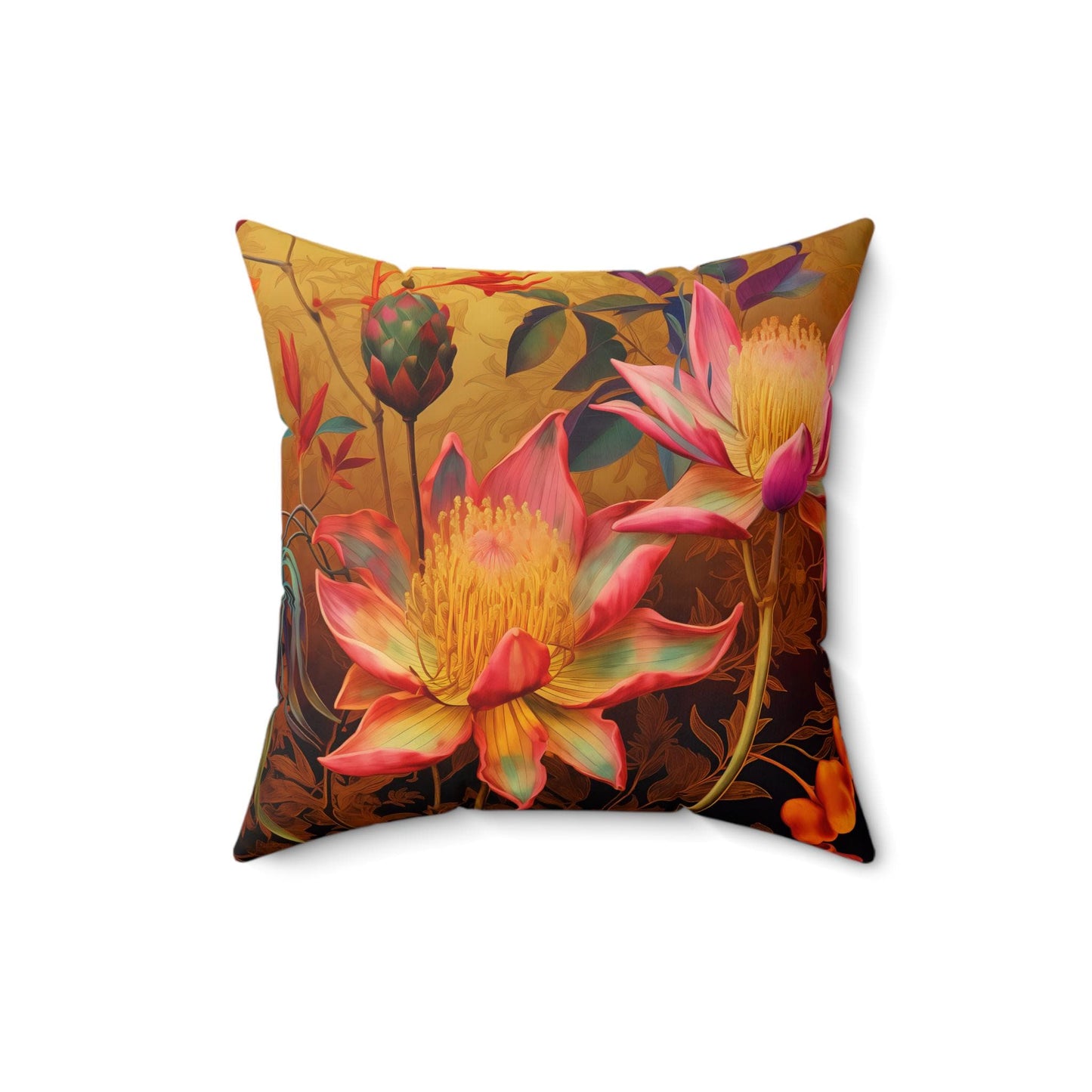 Square Pillow, Quirky Fantasy Flowers, Gold Background, Home Decor Accent, Throw Cushion, Floral Design, Couch Pillow