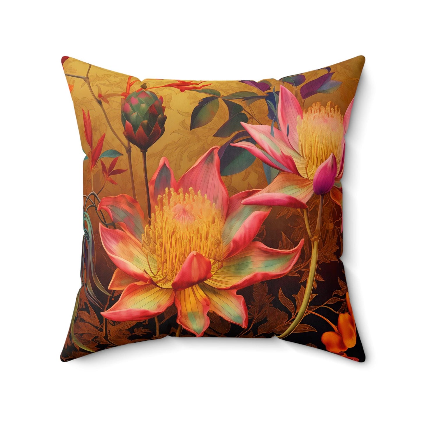 Square Pillow, Quirky Fantasy Flowers, Gold Background, Home Decor Accent, Throw Cushion, Floral Design, Couch Pillow