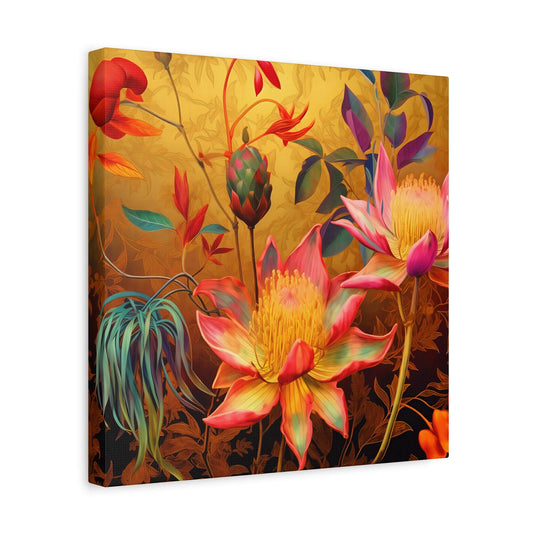 Canvas Print, Exotic Whimsical Blossoms on Gold Wall Art, Lush Detailed Fantasy Style, Eccentric Decor, Stretched Matte Artwork, 1 25"