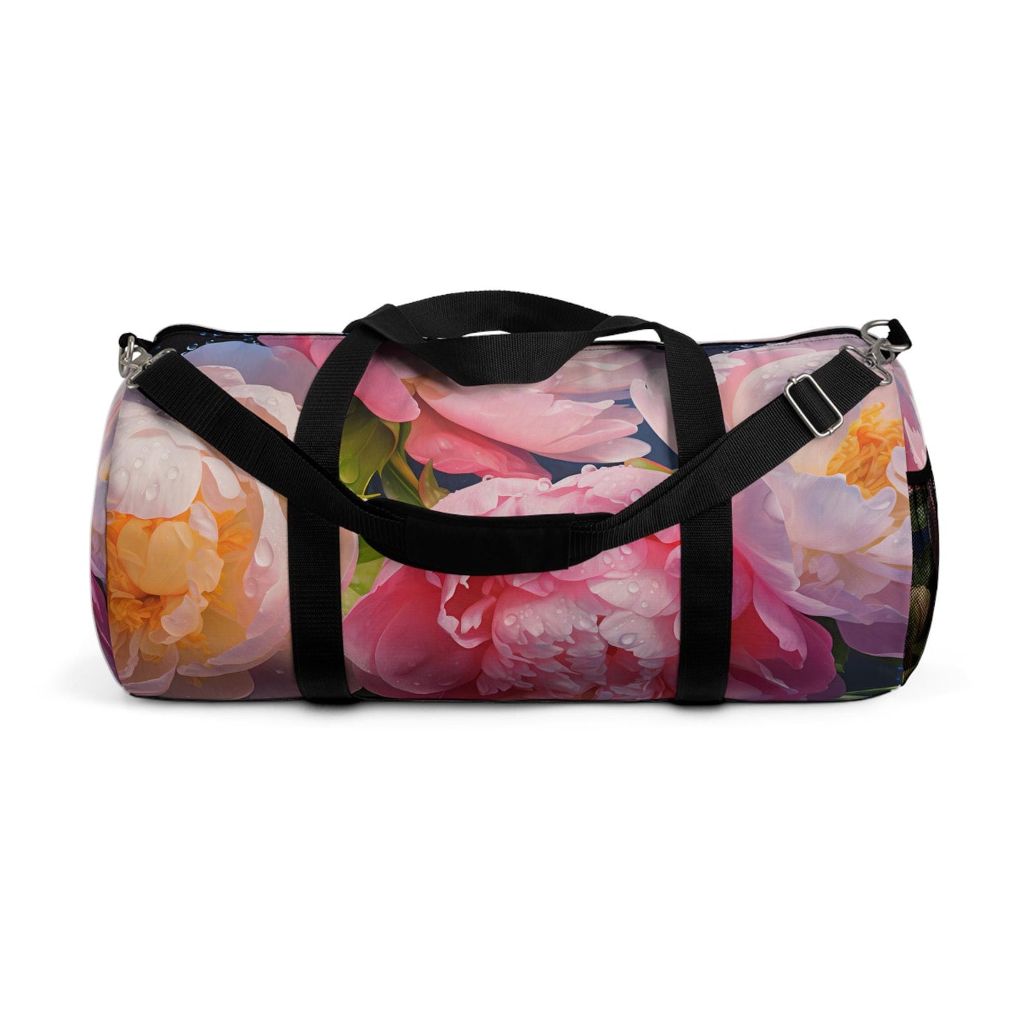 Peonie Blossoms Duffel Bag, Floral Travel Tote, Gym Bag, Pink Flowers Weekend Bag, Water Drops, Overnight Bag