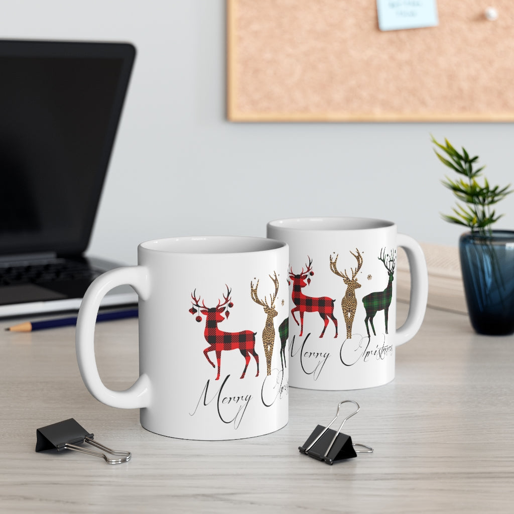 Merry Christmas Plaid Reindeer Mug 11oz