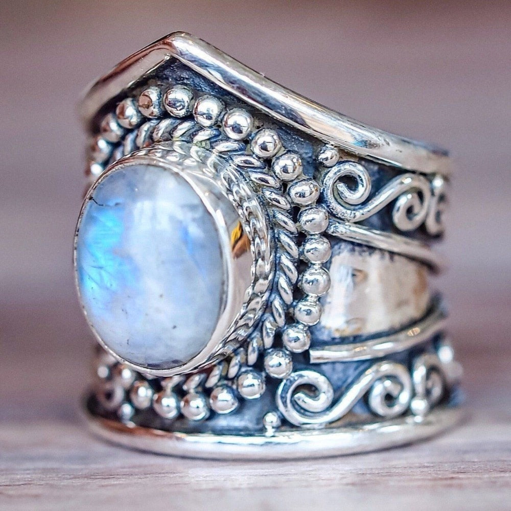 Boho Oversized Moonstone & Silver Ring