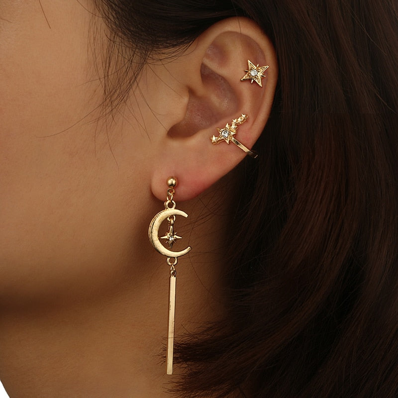 Star, Moon 3pc Rhinestone Crystal Studs Earrings Set