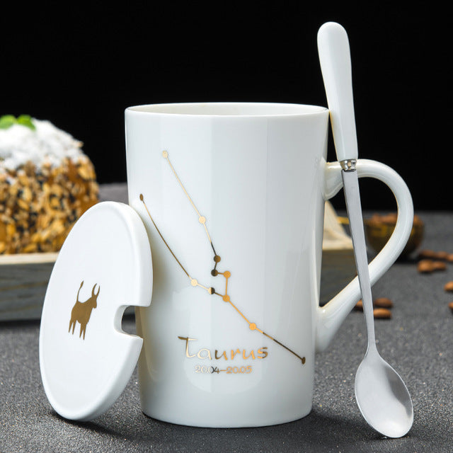 Zodiac Porcelain Mugs with Spoon & Lid