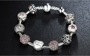 Antique Silver Charm Bracelet with Love & Flower Beads